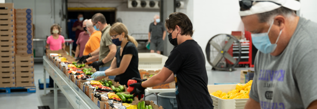 Volunteers prepare boxes of vegetables and fruits to distribute to people experiencing Hunger in Canada. (Photo: 食物 Banks Canada)